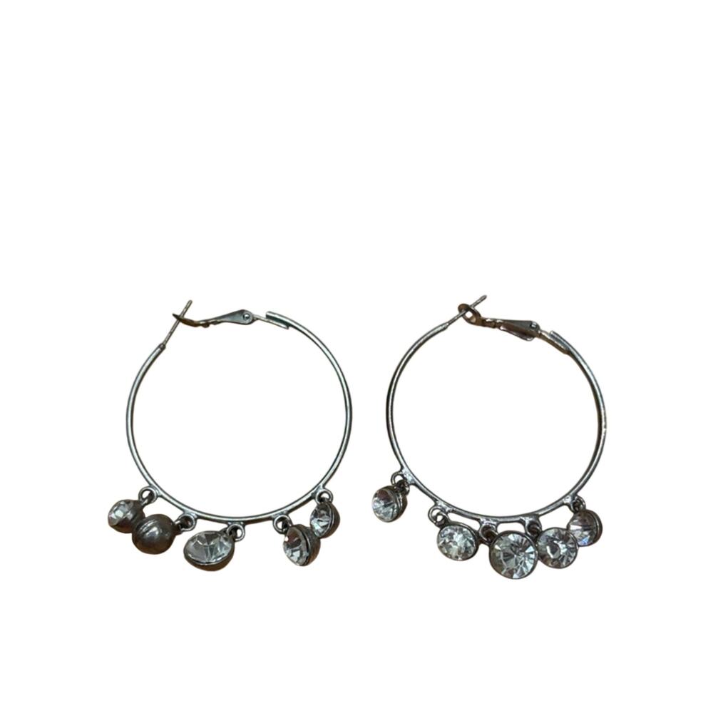 Silver Hoop Earrings with Clear Crystal Charms
